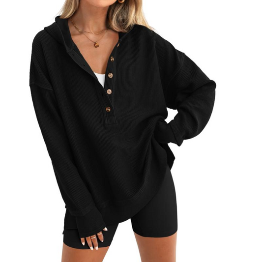 Oversized V-Neck Button-Up Sweatshirt