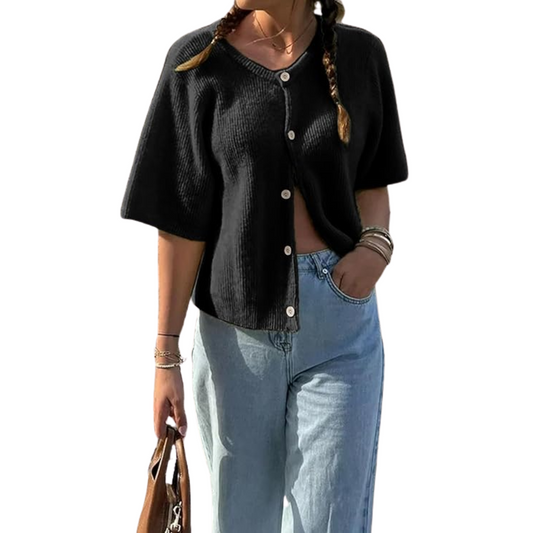 Short Sleeve Button-Up Knit Cardigan